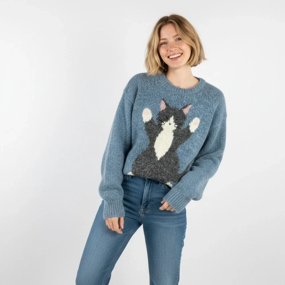 Vintage Wool Blend Tuxedo Cat Sweater Fuzzy Blue Novelty Kitsch Grandmacore